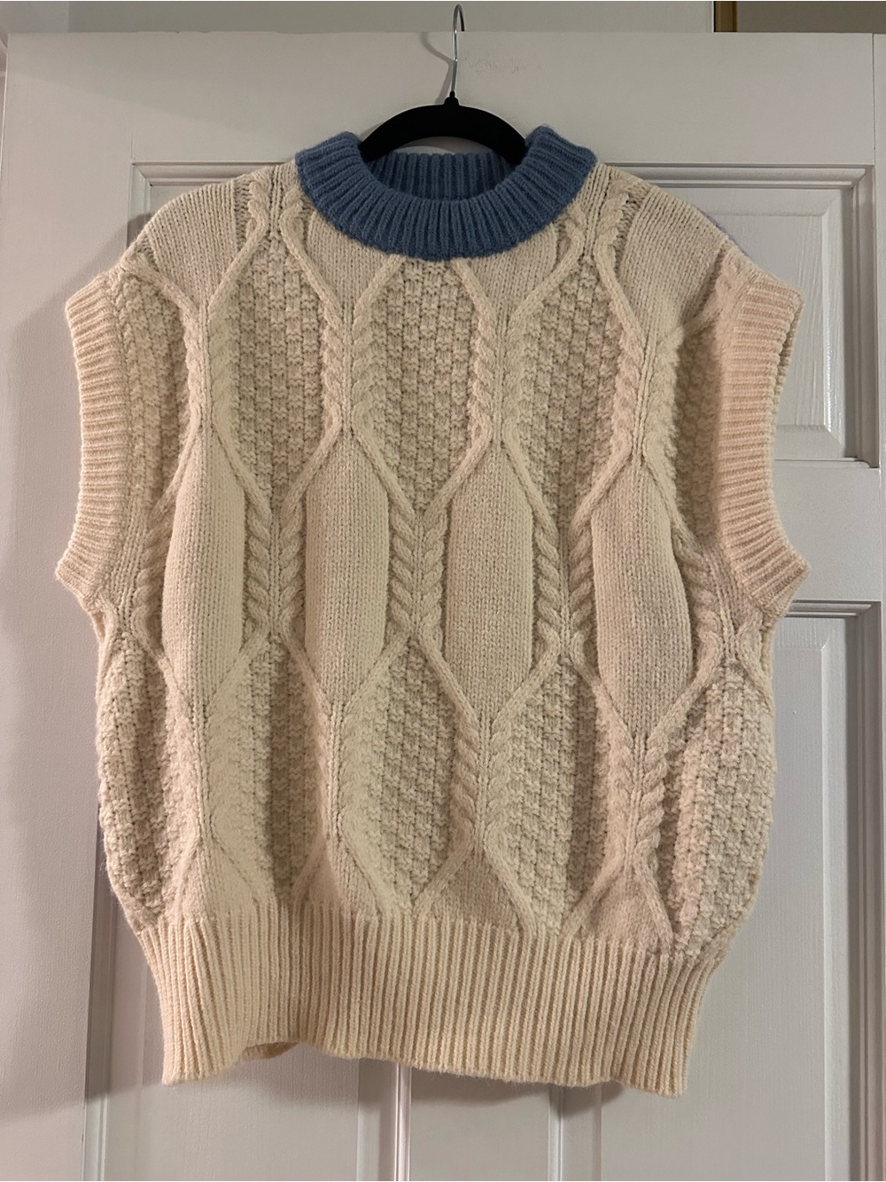 FRNCH Cream Cable Knit Sleeveless Sweater Colorblock Blue Purple Size Small